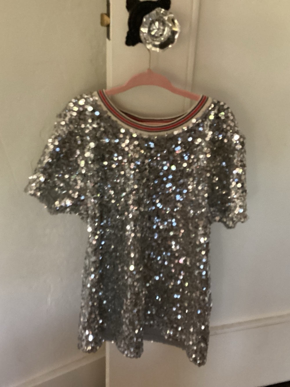 1901 Girls' Silver Sequin Short sleeve Dress\blouse with Striped Neckline